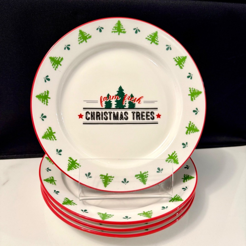 WORLD MARKET Christmas Tree Dinner Plates 8" Farm Fresh Holiday Decor Set of 4
